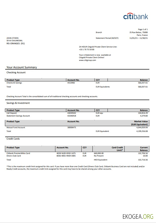 Relevé bancaire France Citibank